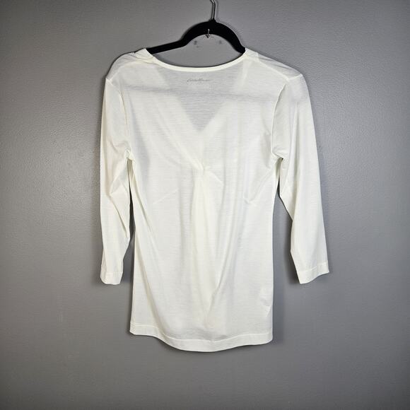 Eddie Bauer Twist Front Blouse V Neck Ivory Womens Size Small Strech Shirt - Picture 2 of 5